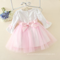 Robes brodées à manches longues de conception d&#39;enfant de gaine bow tie fashion kid girl robe rose avec des prix de gros